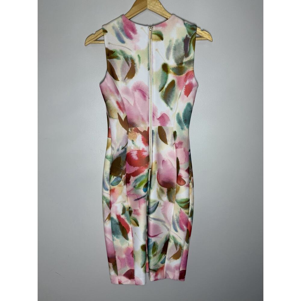Calvin Klein Scuba Sheath Dress Size 2 Pink Floral Sleeveless Work Cocktail - Picture 2 of 12